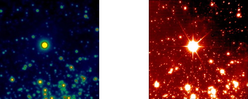 NGC 3603 observé au VLT avec ISSAC (à gauche) et NAOS (à droite