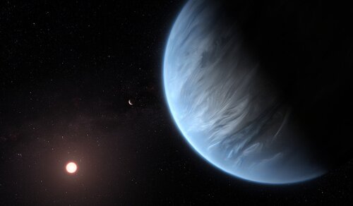 Vue d'artiste de l'exoplanète K2-18 b, de son étoile-hôte, et d'une seconde (...)