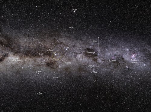 Orbite de Proxima autour d'Alpha Centauri (ellipse jaune) sur le fond de la (...)