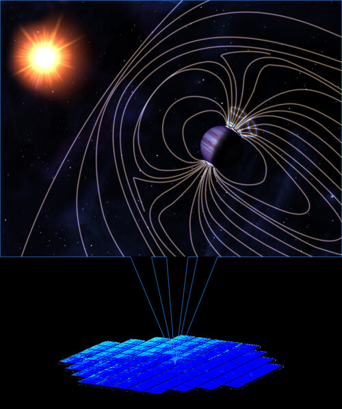 Schématisation d'un signal radio complexe émis par une exoplanète, détecté par (...)