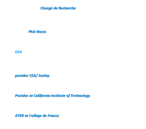 Current position
from Oct, 1st 2002: Chargé de Recherche at LESIA                                                                                              Paris Observatory, section Meudon
Education
1996 - 1999: PhD thesis dirtected by A. Labeyrie                                                           ’’Searching for exoplanets with the dark-speckle method’’ Observatoire de Haute-Provence et Observatoire de Meudon, France
1996: DEA (equiv. Master) Astronomy, Imagery and High Angular Resolution,                         Nice University, France
Experience
2002: postdoc CEA/ Saclay & LESIA/Meudon                                                                         “Study of a coronagraphic instrument for the space telescope NGST” Observatoire de Meudon, France
2001: Postdoc at California Institute of Technology, directed by S. Kulkarni                            “Search for faint companions and circumstellar disks at the Palomar 200inch” CalTech, Pasadena, CA USA
2000: ATER at Collège de France                                                                                           “Study of hyper-telescopes & phase mask coronagraph” Collège de France and Observatoire de Meudon, France